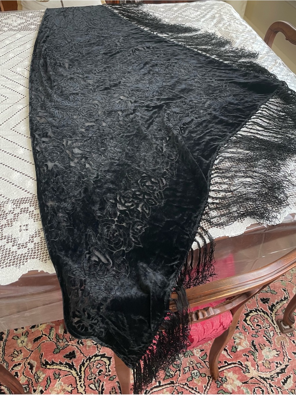 Vintage Elegant Black Silk Velvet Blend Burnout Floral Rose Shawl with Fringe